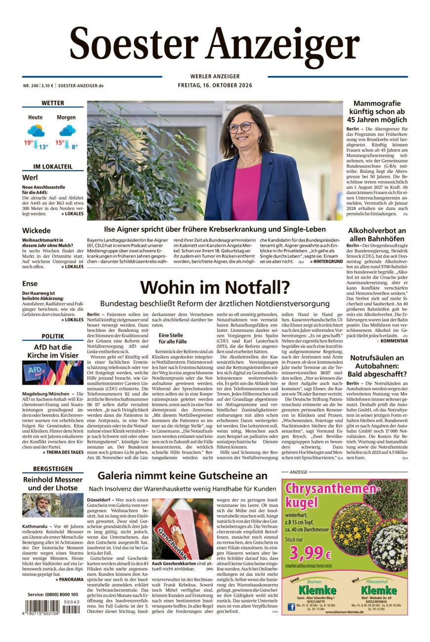 Soester Anzeiger Werl vom Freitag, 16.10.2026