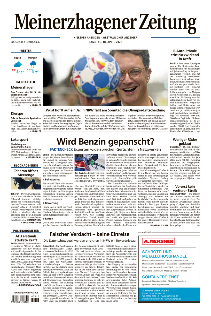 Meinerzhagener Zeitung vom Samstag, 18.04.2026