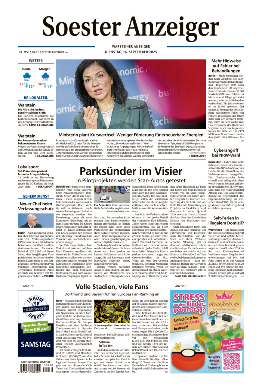 Soester Anzeiger Warstein vom Dienstag, 16.09.2025