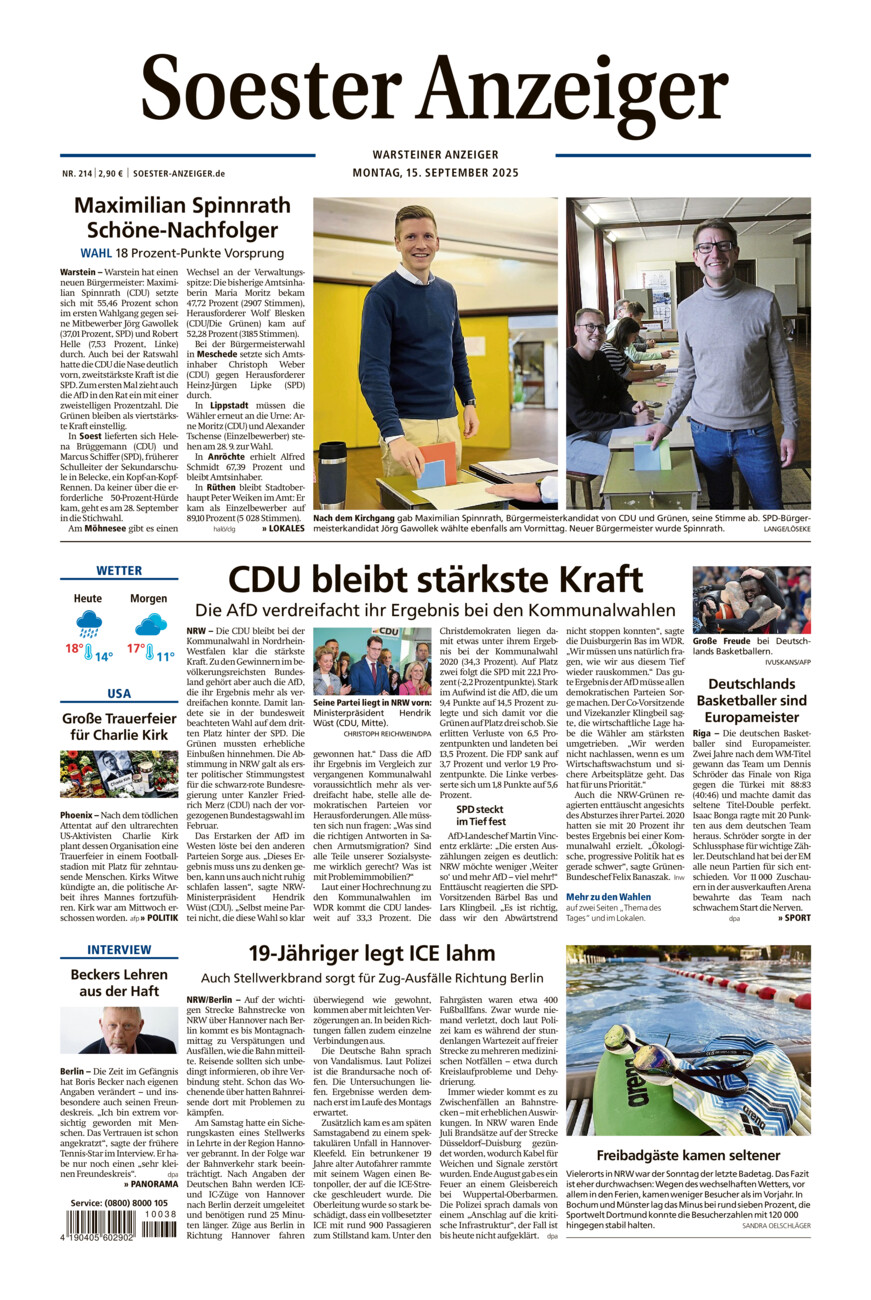Soester Anzeiger Warstein vom Montag, 15.09.2025