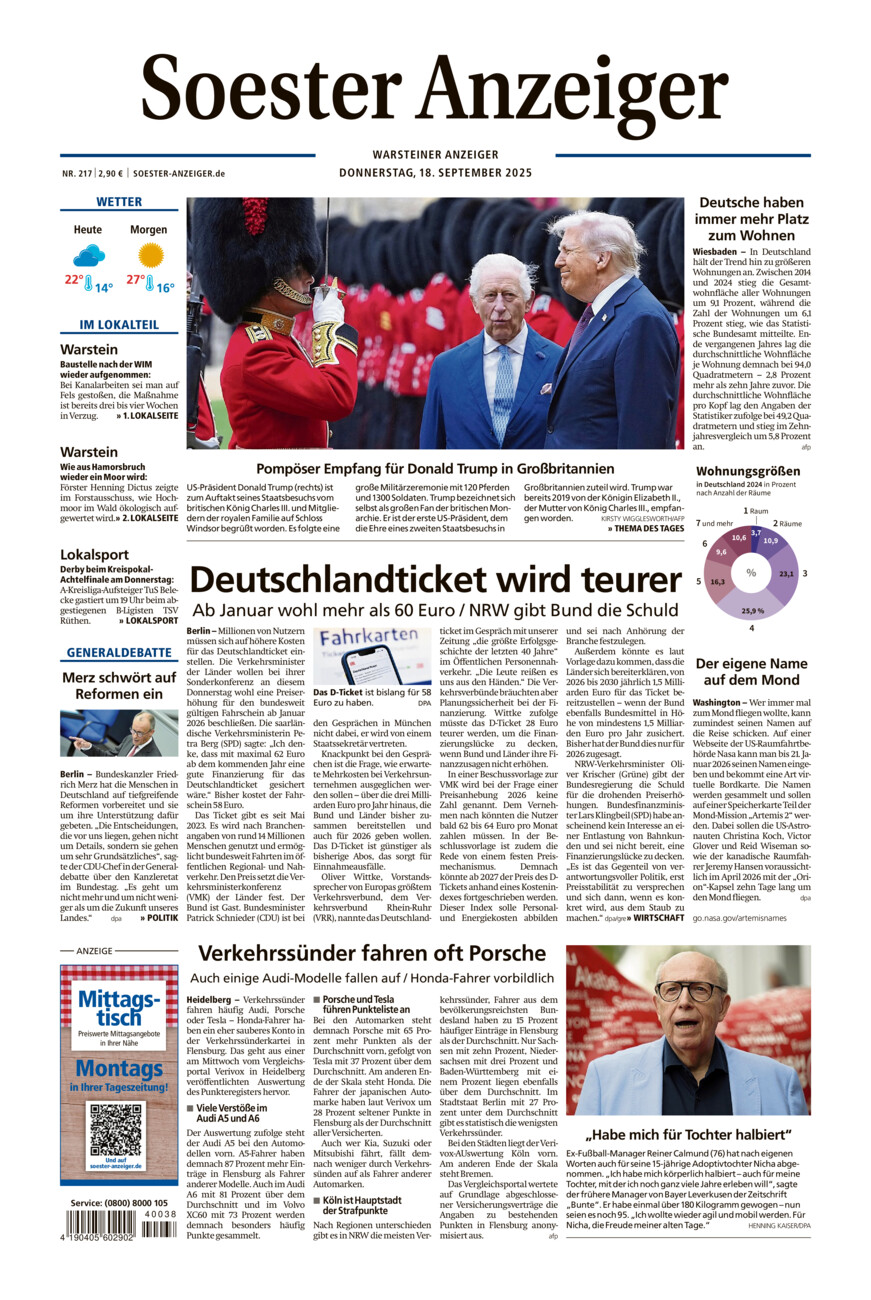 Soester Anzeiger Warstein vom Donnerstag, 18.09.2025