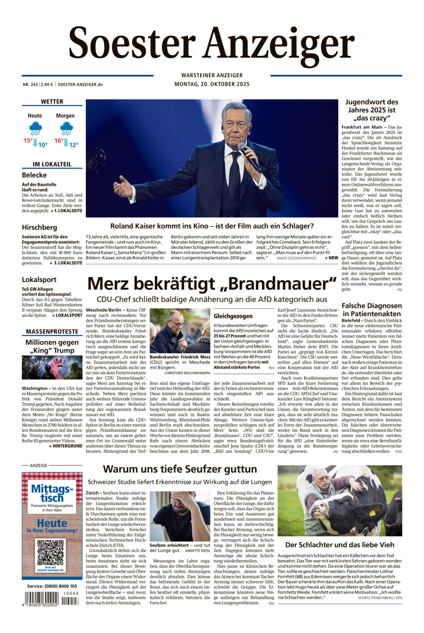 Soester Anzeiger Warstein vom Montag, 20.10.2025