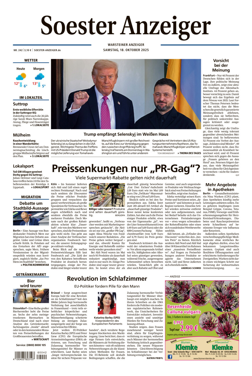Soester Anzeiger Warstein vom Samstag, 18.10.2025