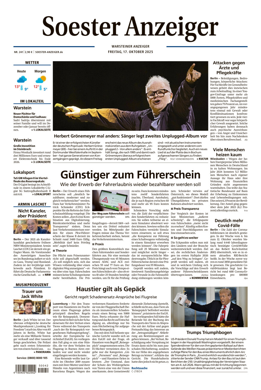 Soester Anzeiger Warstein vom Freitag, 17.10.2025