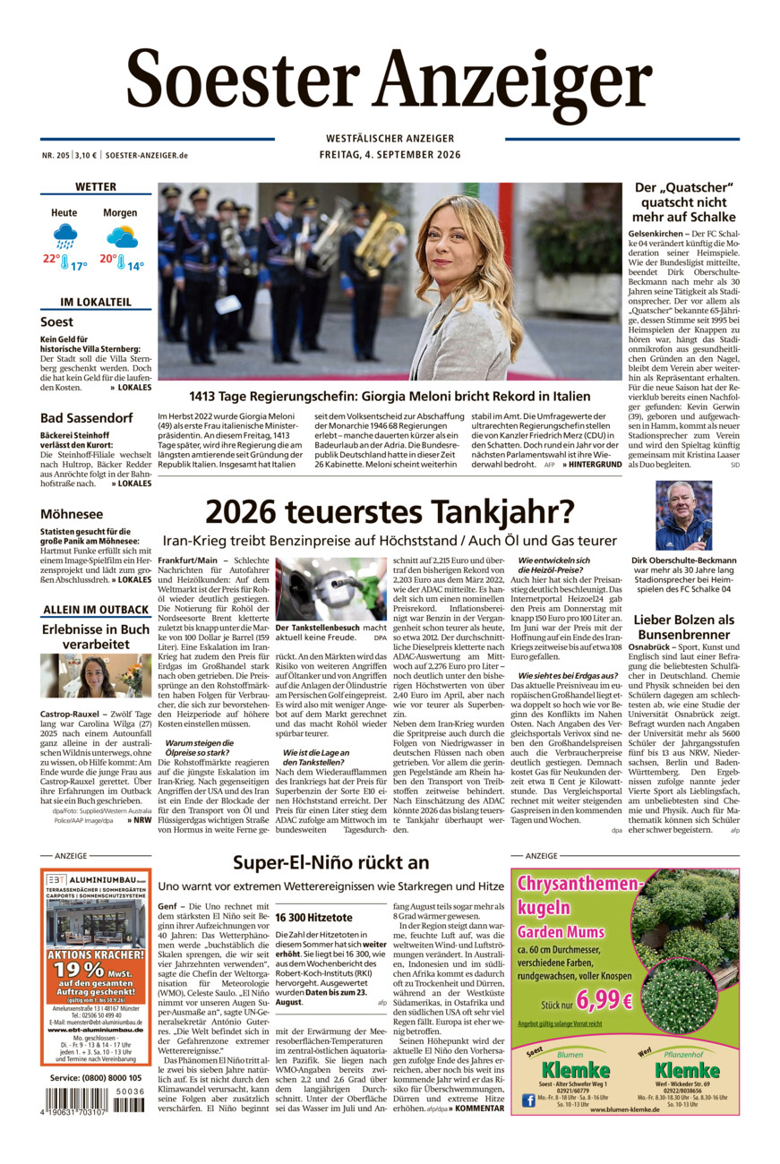 Soester Anzeiger vom Freitag, 04.09.2026