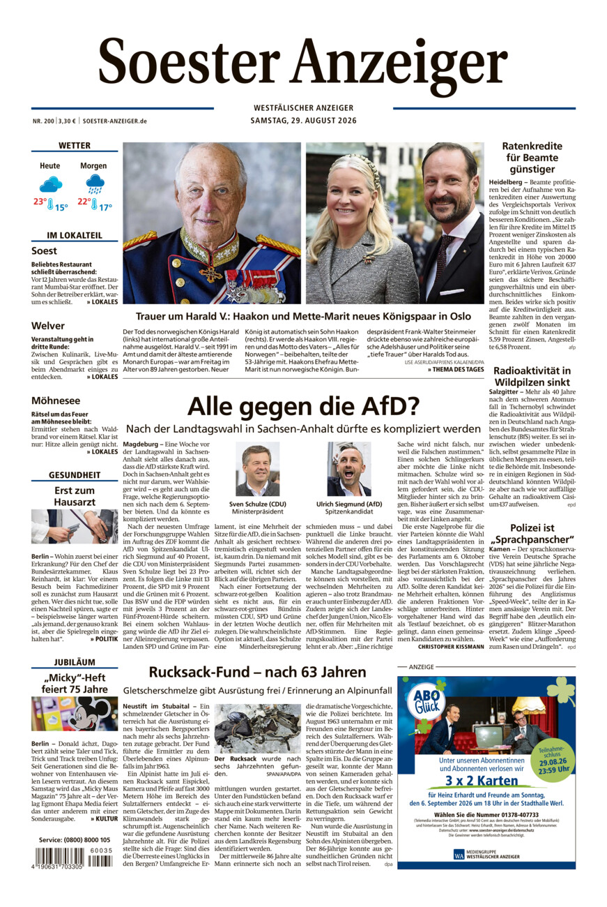 Soester Anzeiger vom Samstag, 29.08.2026