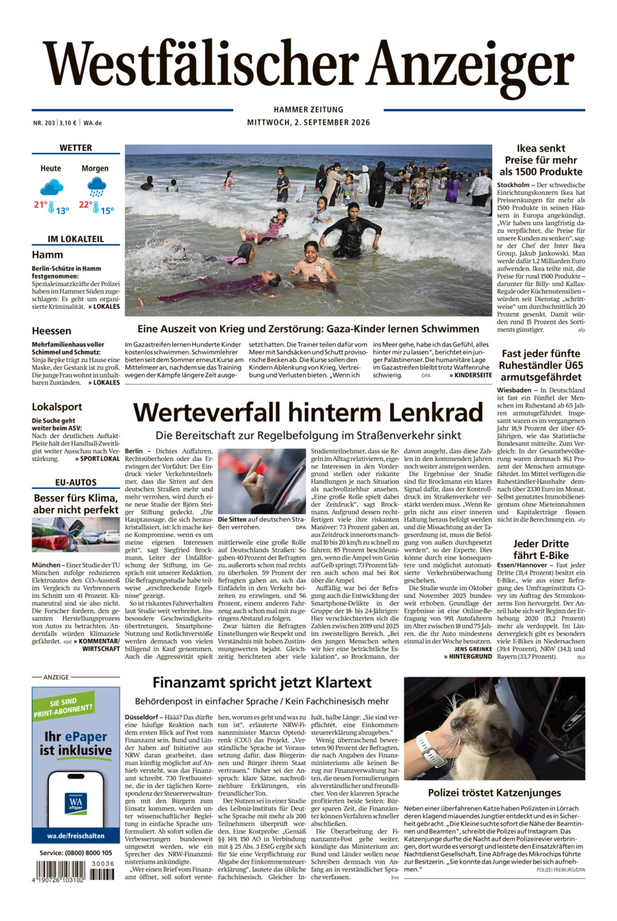 Westfälischer Anzeiger Hamm vom Mittwoch, 02.09.2026