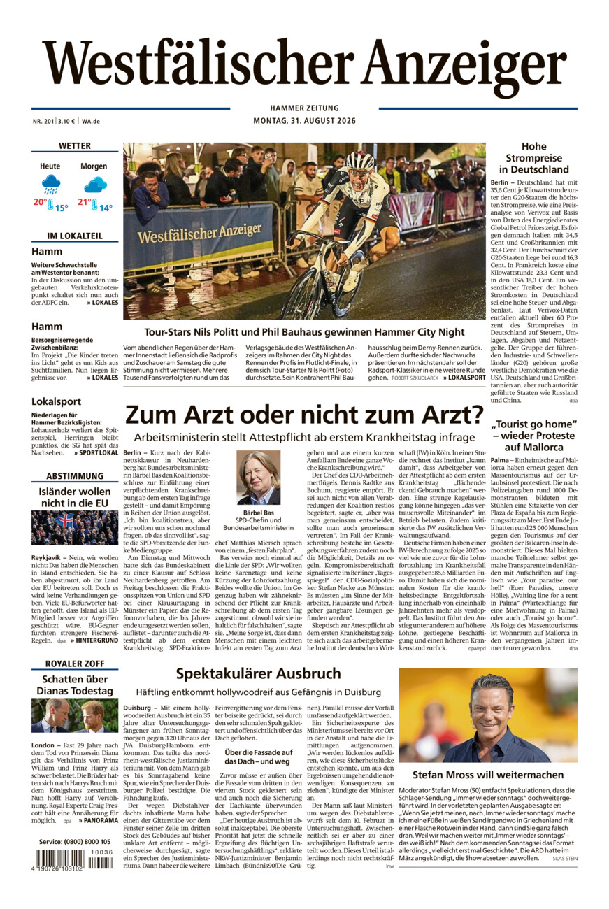 Westfälischer Anzeiger Hamm vom Montag, 31.08.2026