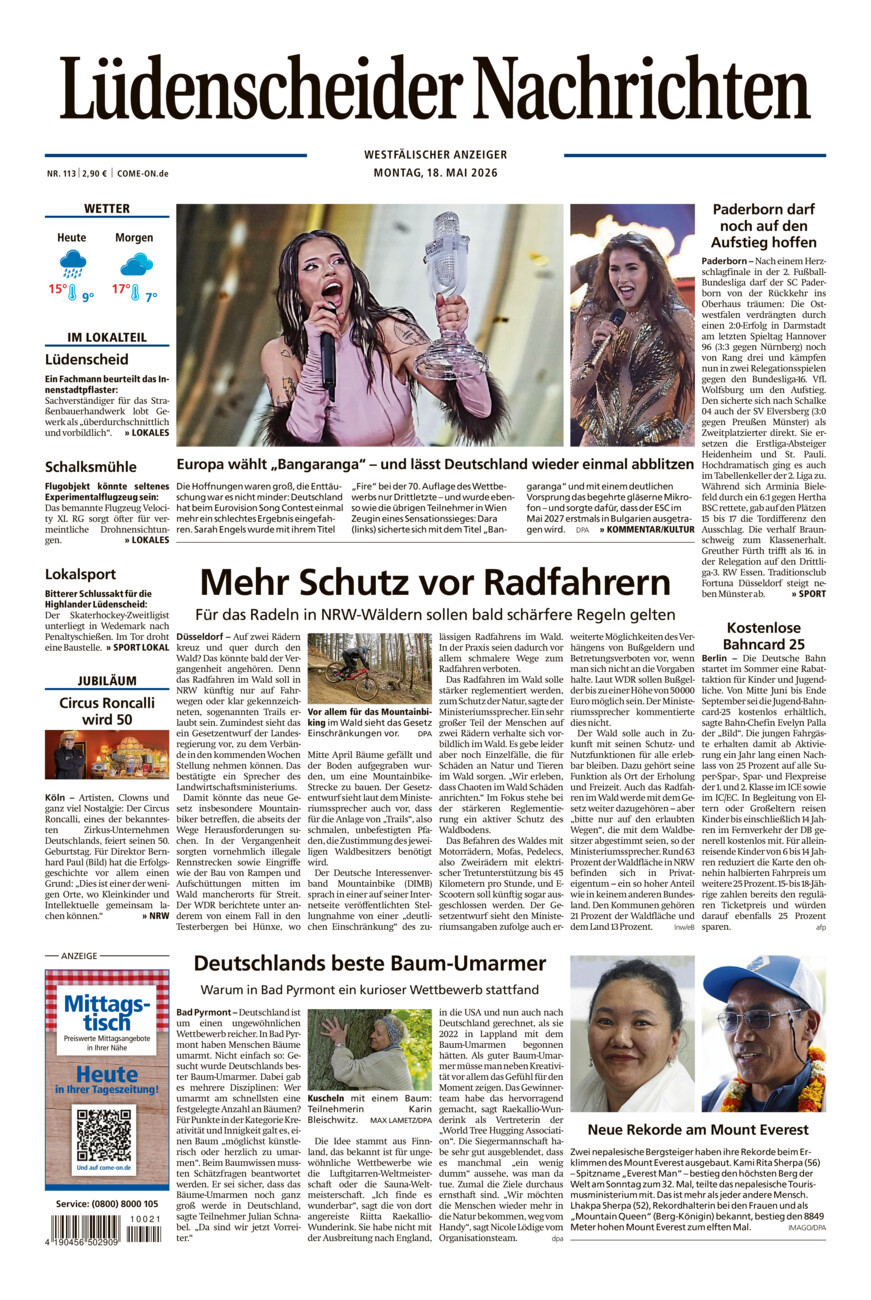Lüdenscheider Nachrichten vom Montag, 18.05.2026