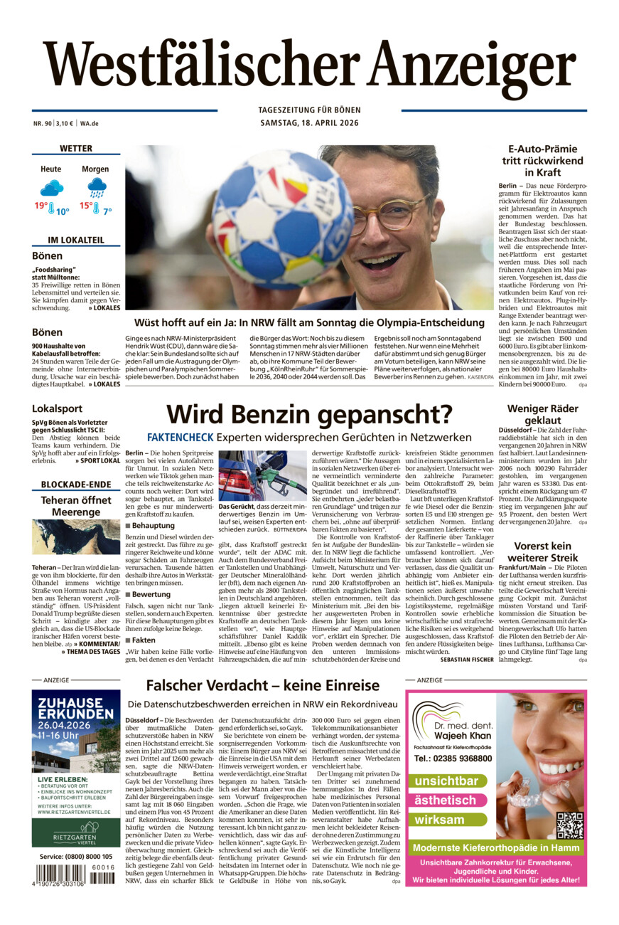 Westfälischer Anzeiger Bönen vom Samstag, 18.04.2026