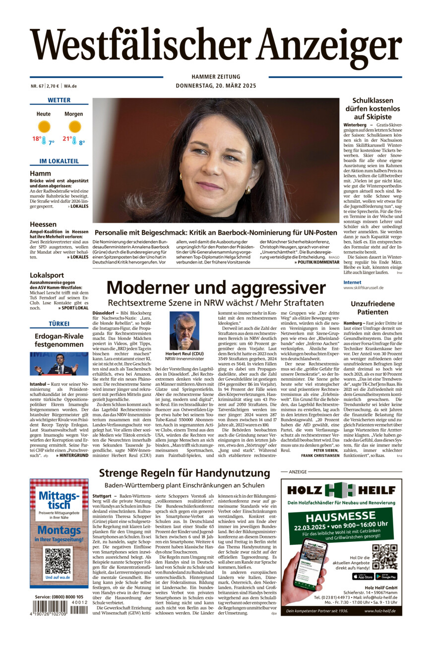 Westfälischer Anzeiger Hamm vom Donnerstag, 20.03.2025