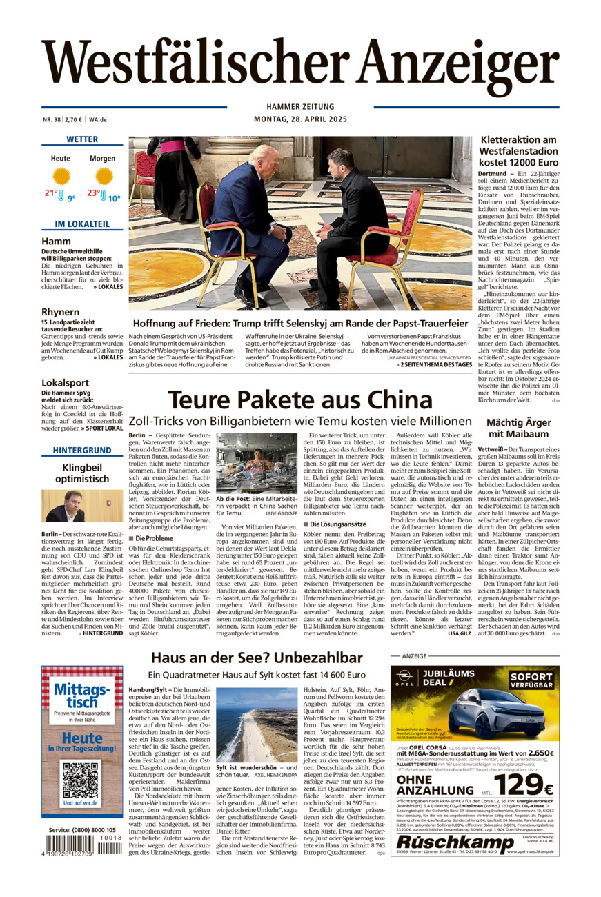 Westfälischer Anzeiger Hamm vom Montag, 28.04.2025