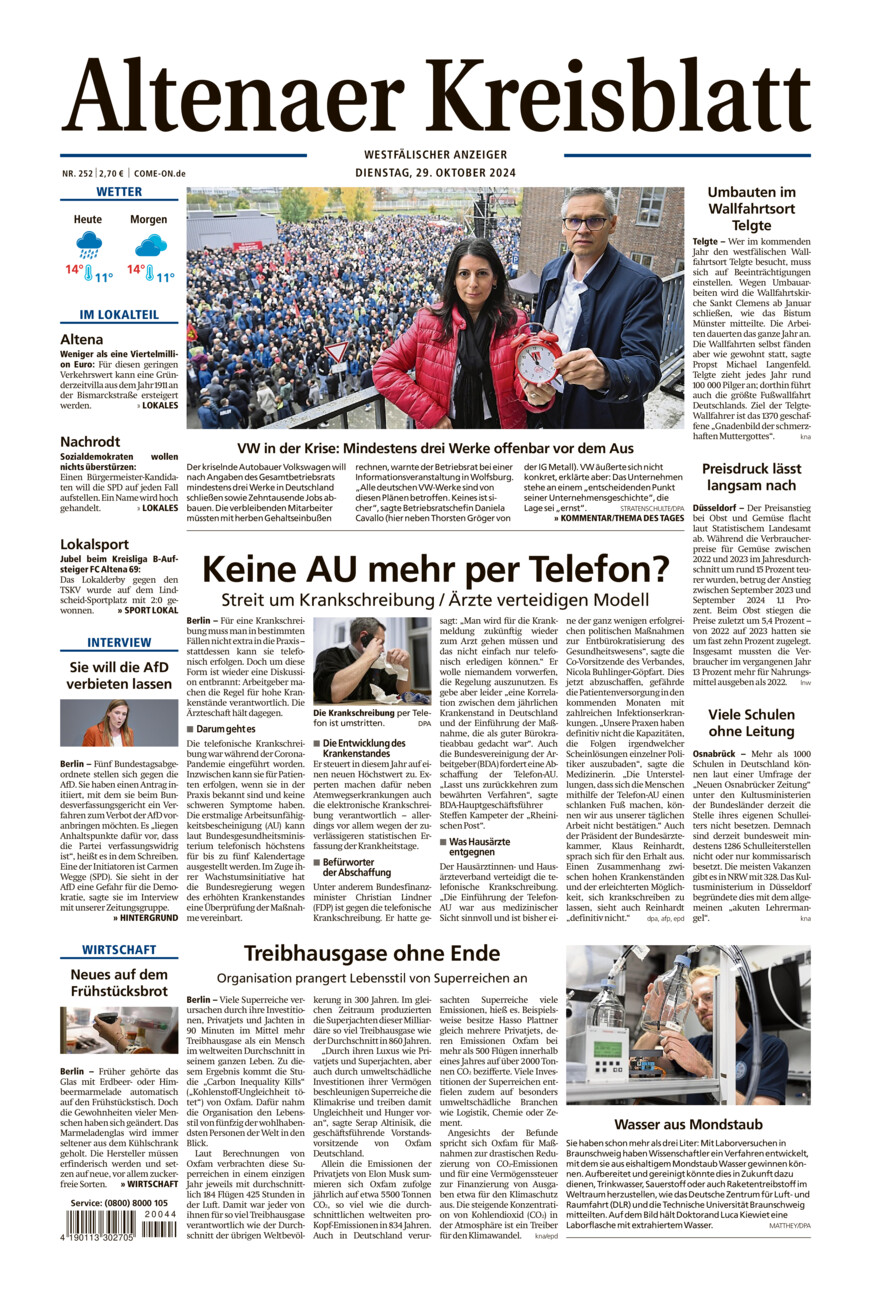 Altenaer Kreisblatt vom Dienstag, 29.10.2024