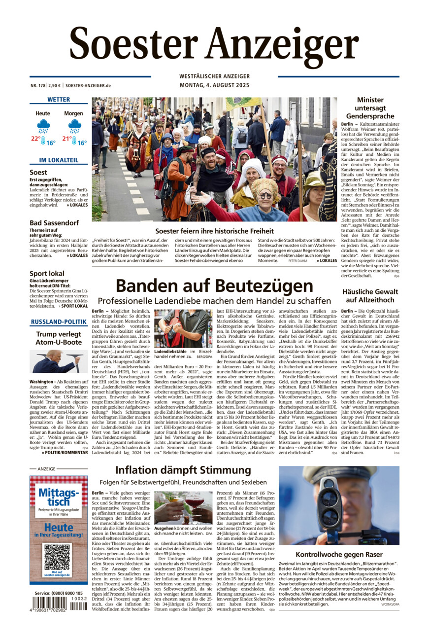 Soester Anzeiger vom Montag, 04.08.2025