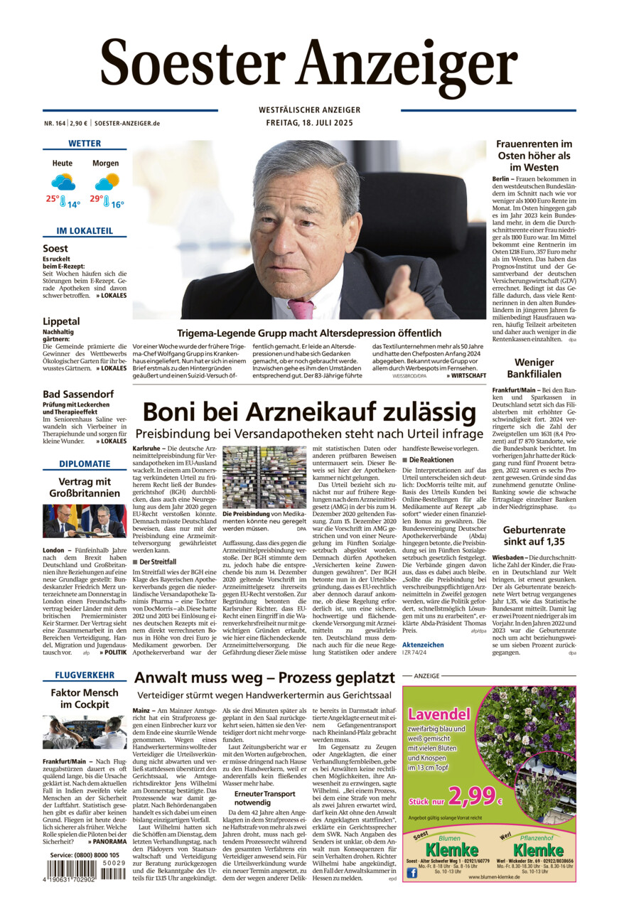 Soester Anzeiger vom Freitag, 18.07.2025