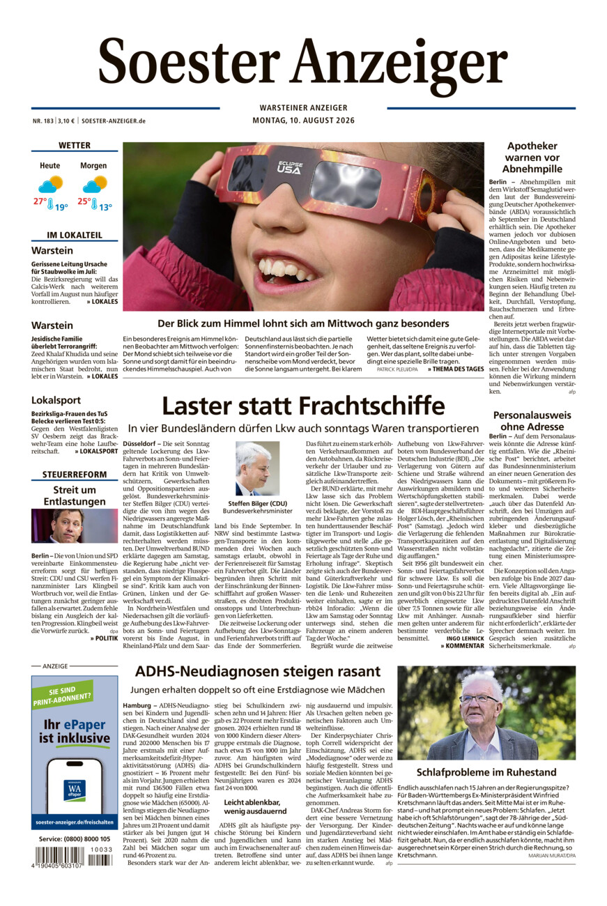 Soester Anzeiger Warstein vom Montag, 10.08.2026
