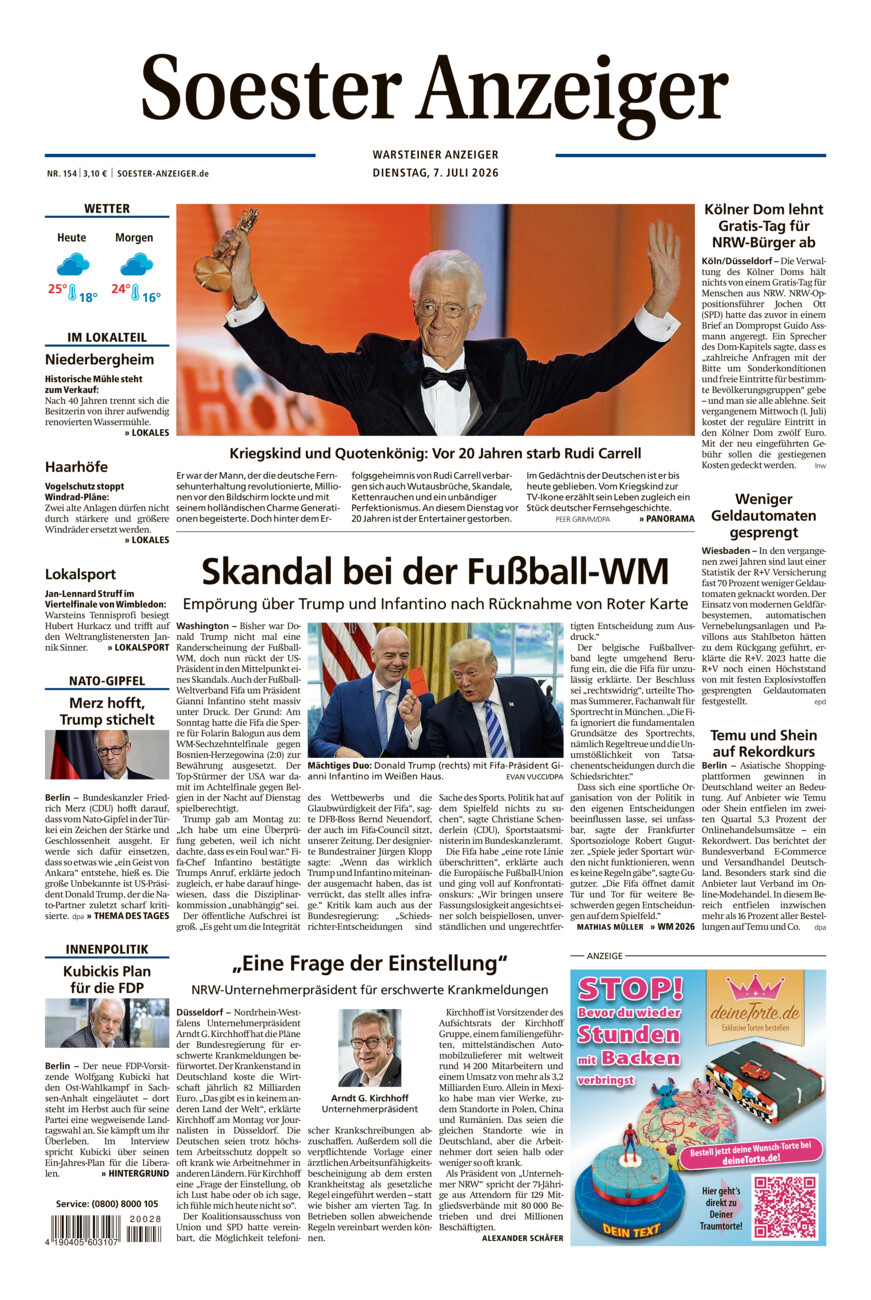 Soester Anzeiger Warstein vom Dienstag, 07.07.2026