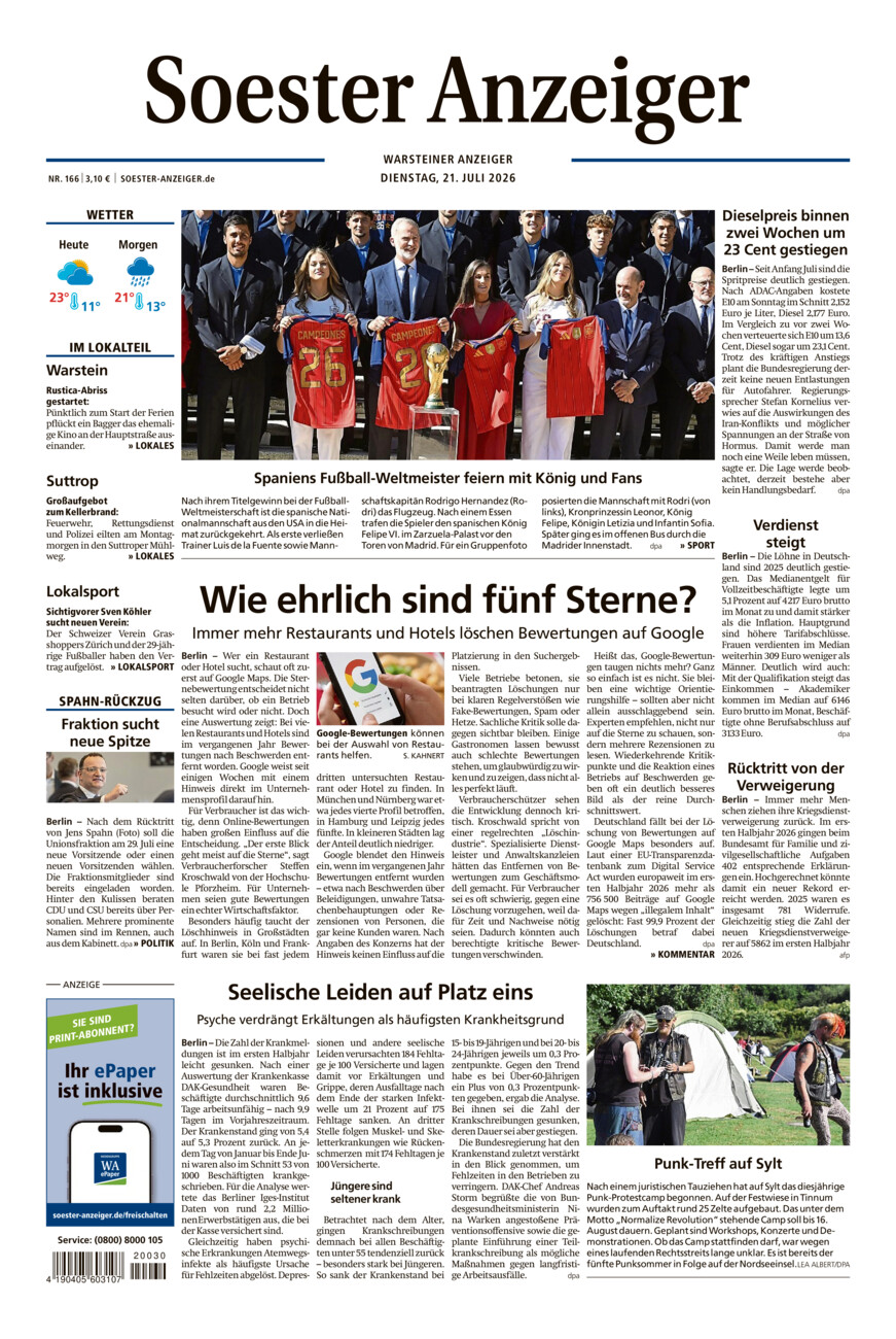 Soester Anzeiger Warstein vom Dienstag, 21.07.2026