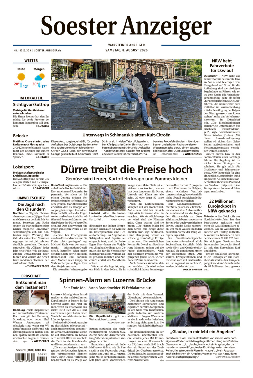 Soester Anzeiger Warstein vom Samstag, 08.08.2026