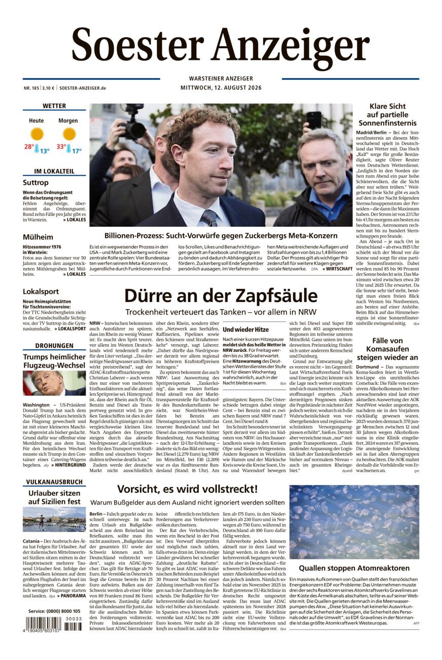 Soester Anzeiger Warstein vom Mittwoch, 12.08.2026