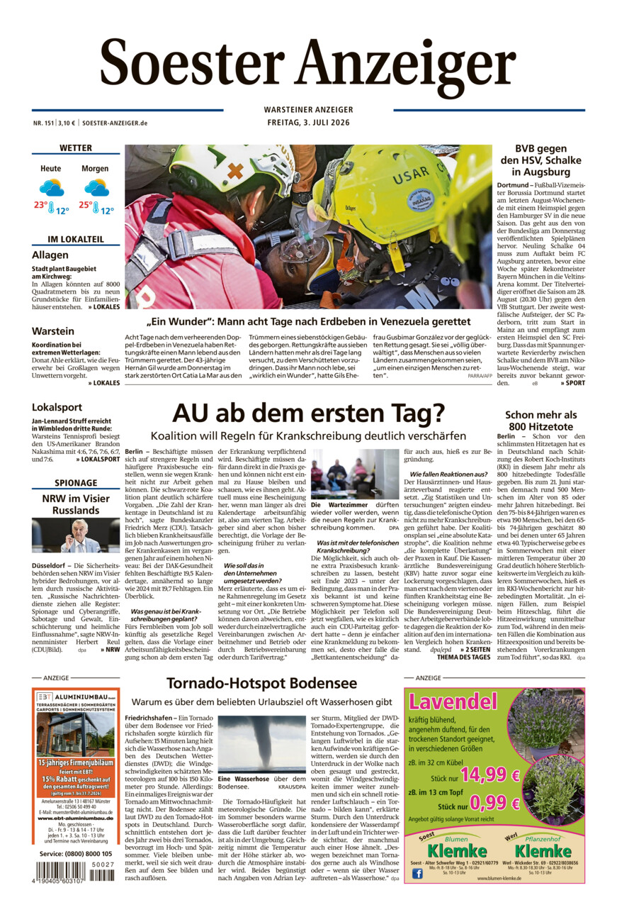 Soester Anzeiger Warstein vom Freitag, 03.07.2026