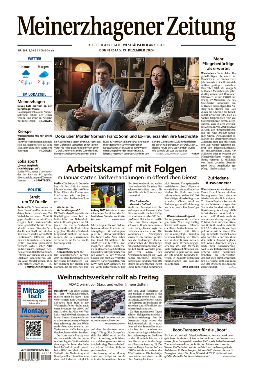 Meinerzhagener Zeitung vom Donnerstag, 19.12.2024