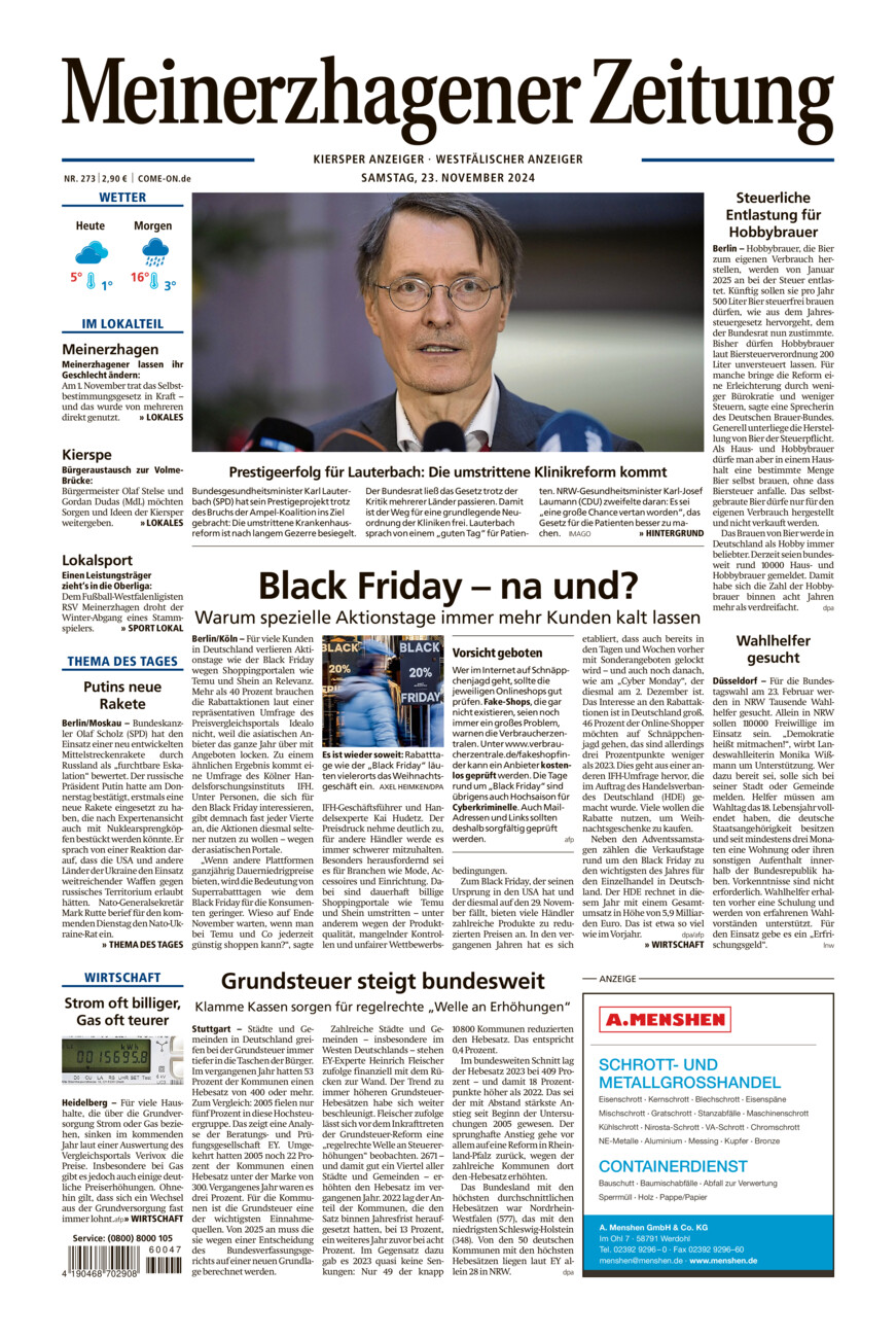 Meinerzhagener Zeitung vom Samstag, 23.11.2024