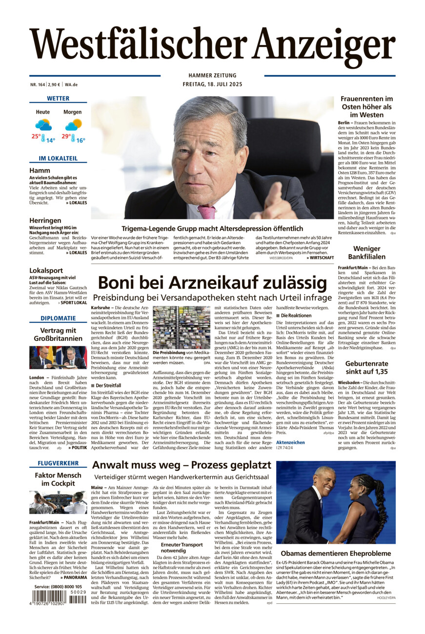 Westfälischer Anzeiger Hamm vom Freitag, 18.07.2025
