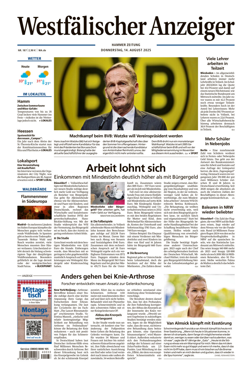 Westfälischer Anzeiger Hamm vom Donnerstag, 14.08.2025