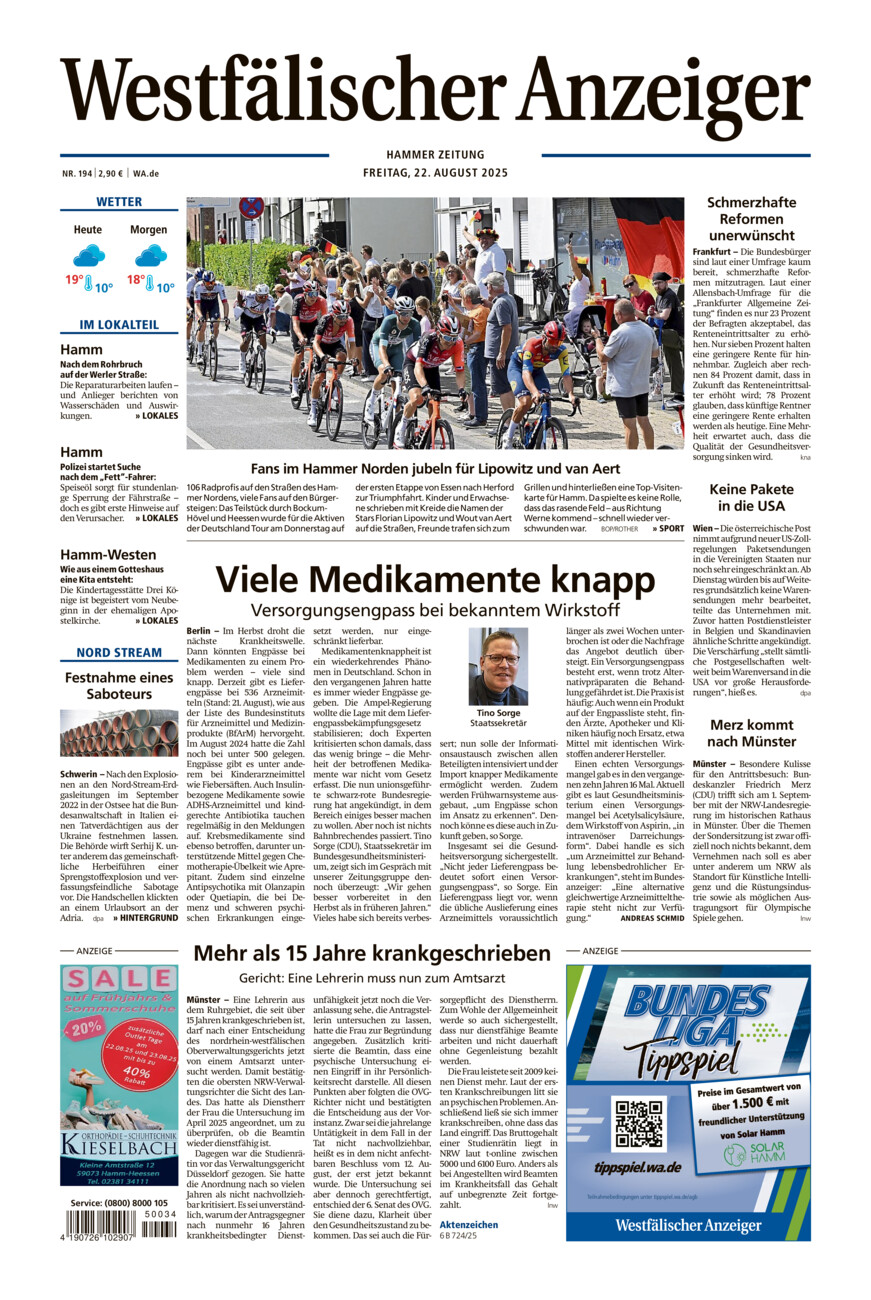 Westfälischer Anzeiger Hamm vom Freitag, 22.08.2025