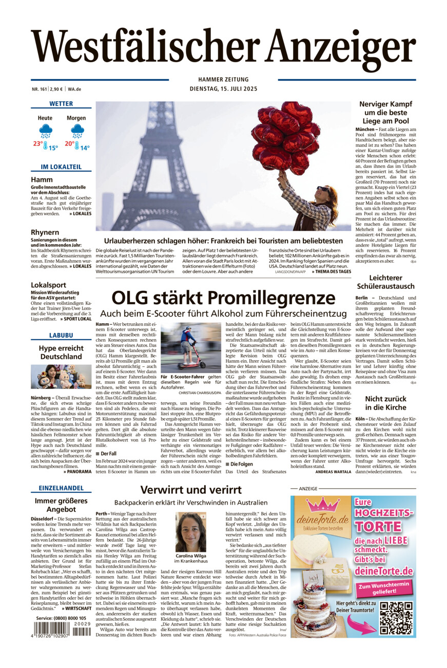 Westfälischer Anzeiger Hamm vom Dienstag, 15.07.2025