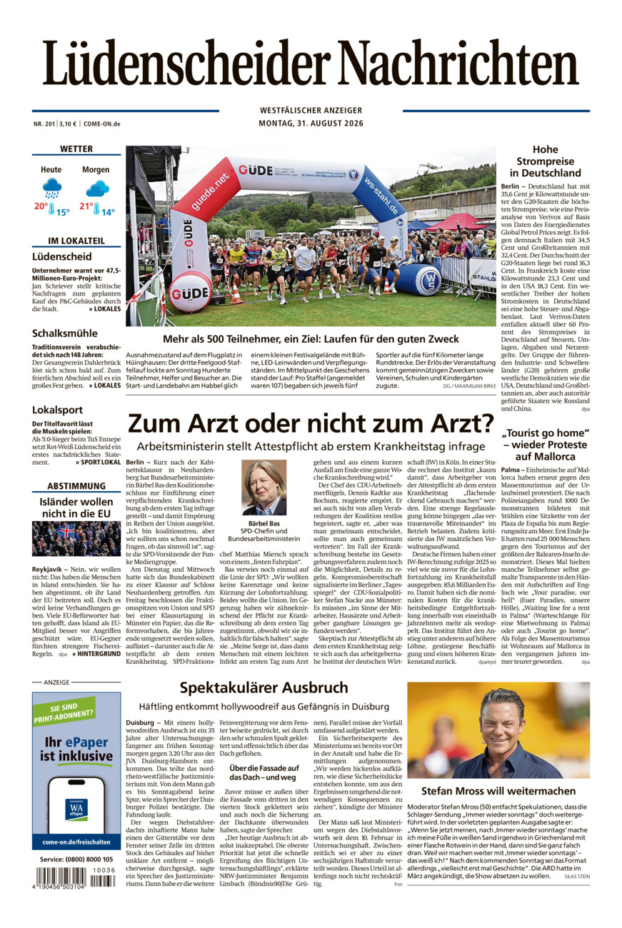 Lüdenscheider Nachrichten vom Montag, 31.08.2026