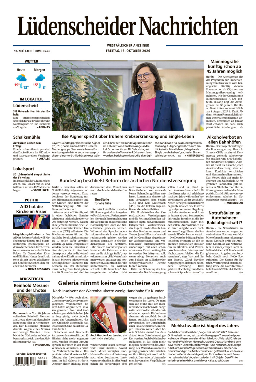 Lüdenscheider Nachrichten vom Freitag, 16.10.2026