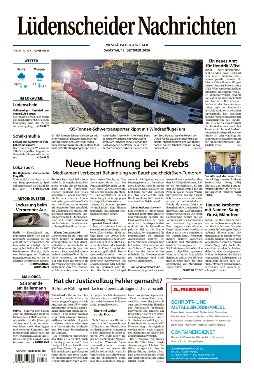 Lüdenscheider Nachrichten vom Samstag, 17.10.2026
