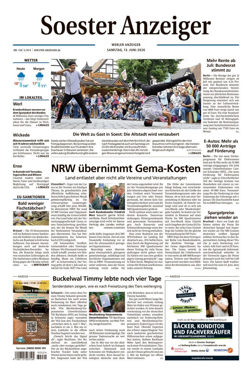 Soester Anzeiger Werl vom Samstag, 13.06.2026