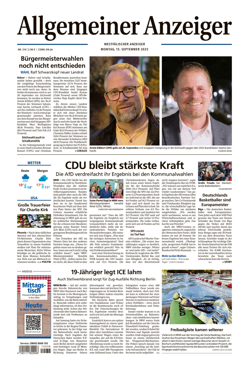 Allgemeiner Anzeiger vom Montag, 15.09.2025