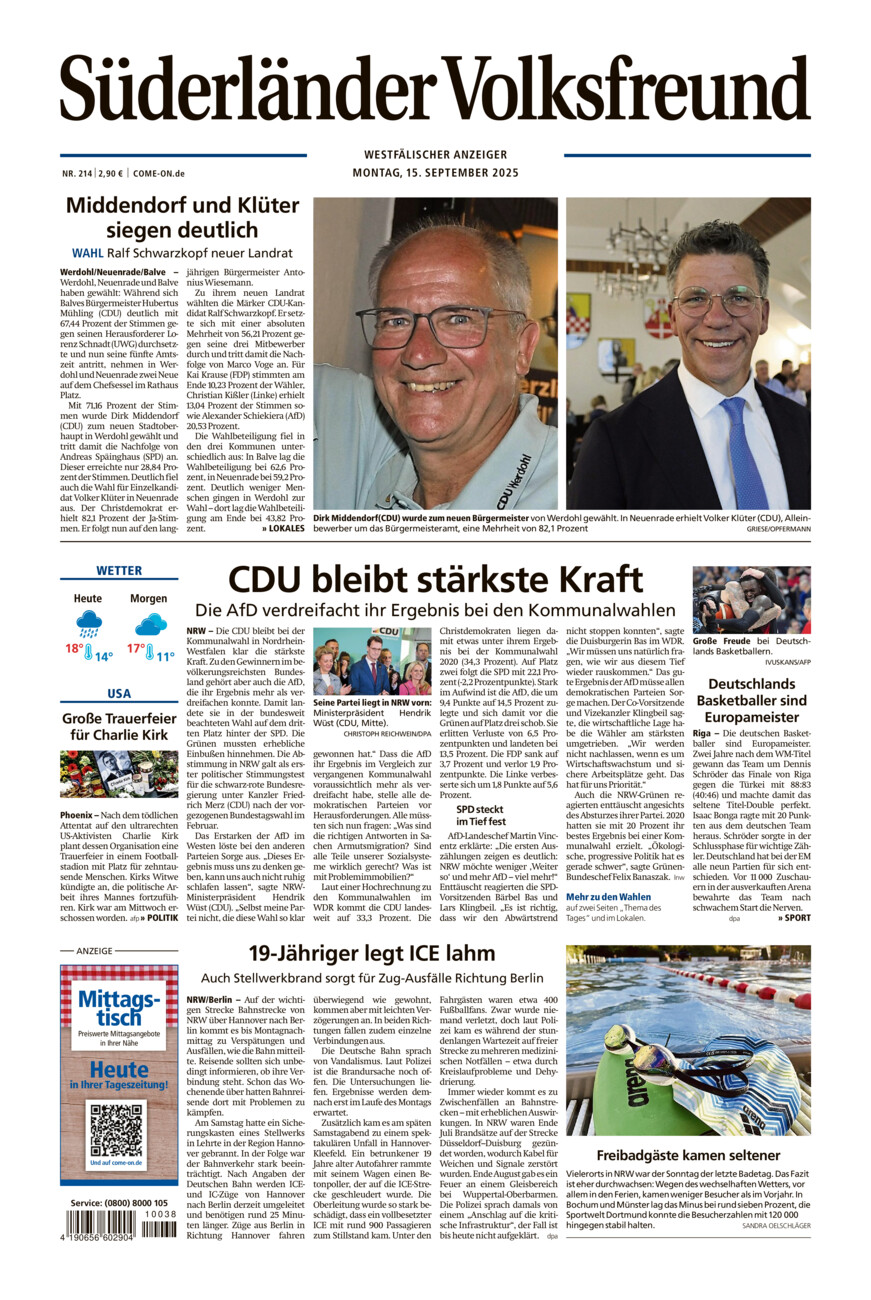 Süderländer Volksfreund vom Montag, 15.09.2025