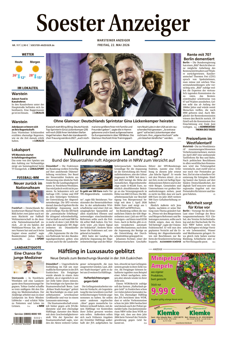 Soester Anzeiger Warstein vom Freitag, 22.05.2026