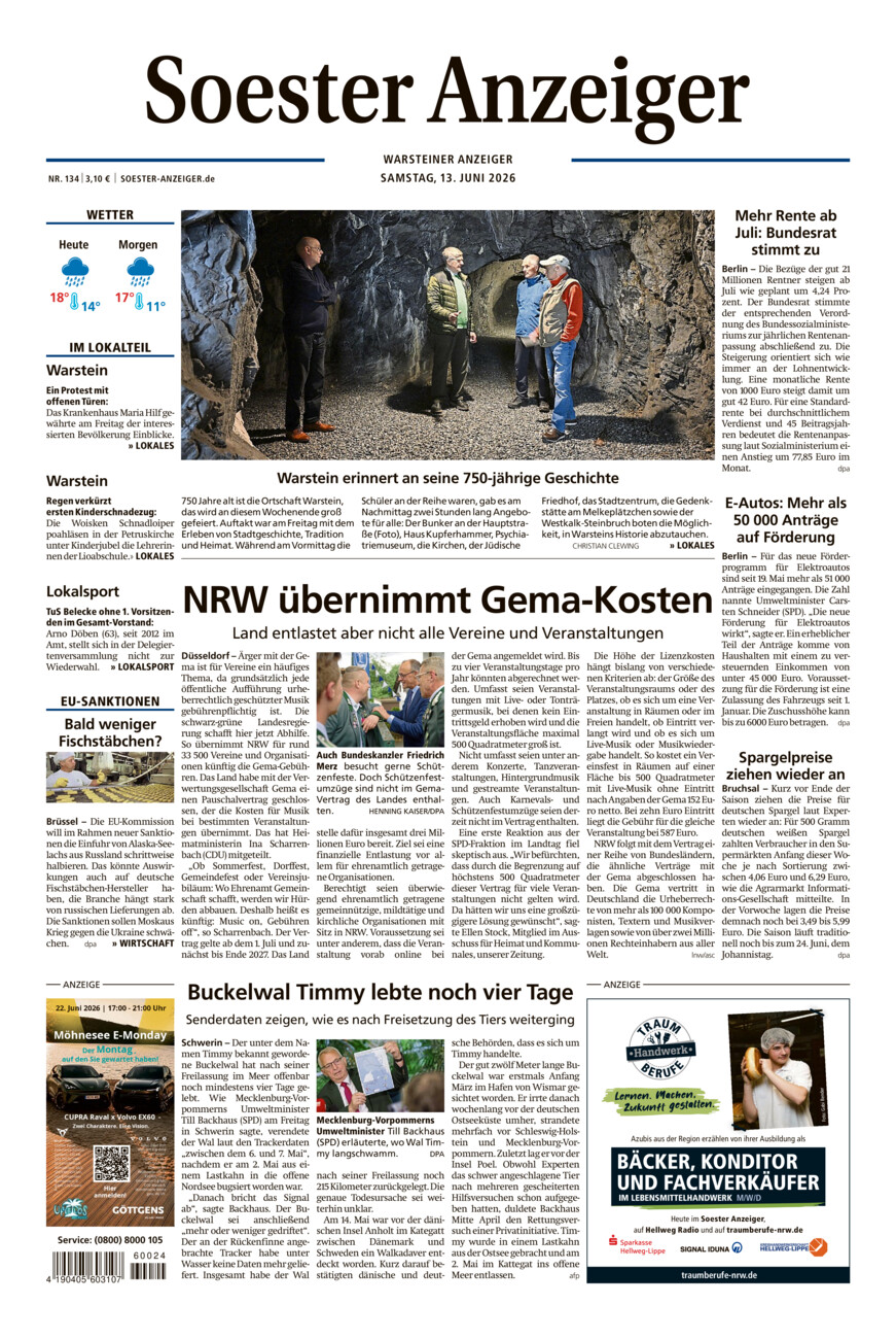 Soester Anzeiger Warstein vom Samstag, 13.06.2026