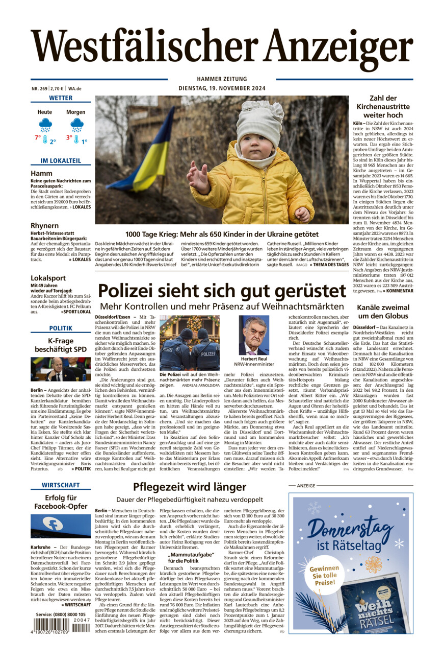 Westfälischer Anzeiger Hamm vom Dienstag, 19.11.2024