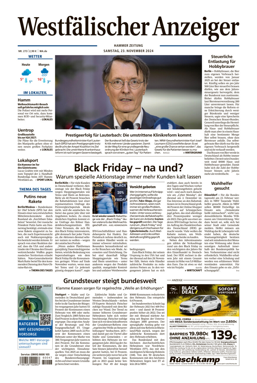 Westfälischer Anzeiger Hamm vom Samstag, 23.11.2024