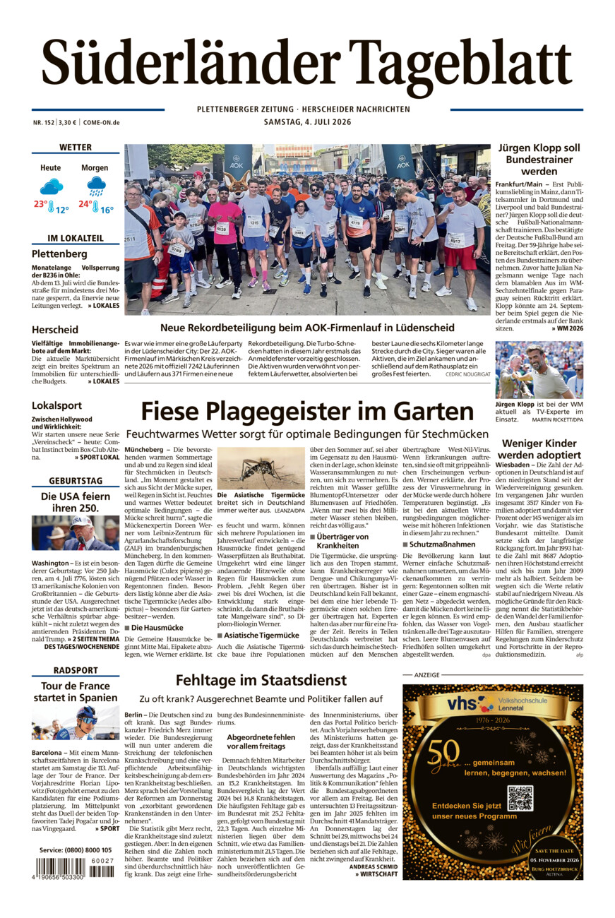 Süderländer Tageblatt vom Samstag, 04.07.2026
