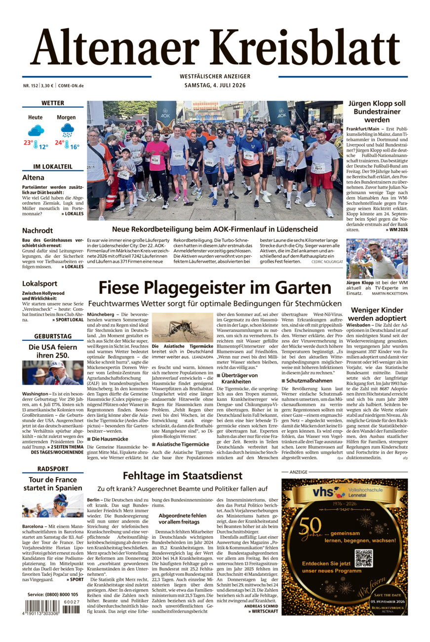 Altenaer Kreisblatt vom Samstag, 04.07.2026