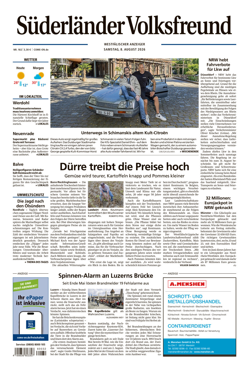Süderländer Volksfreund vom Samstag, 08.08.2026