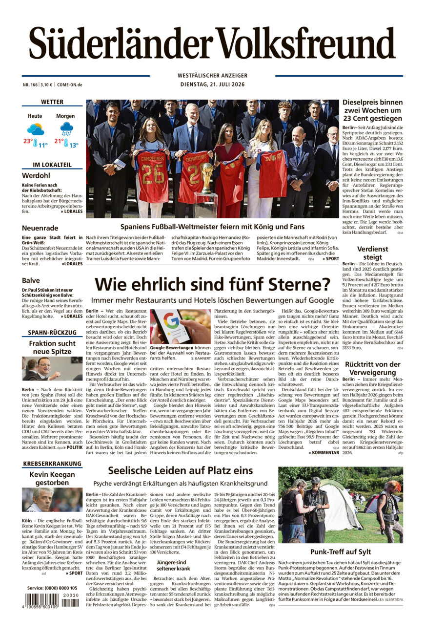 Süderländer Volksfreund vom Dienstag, 21.07.2026