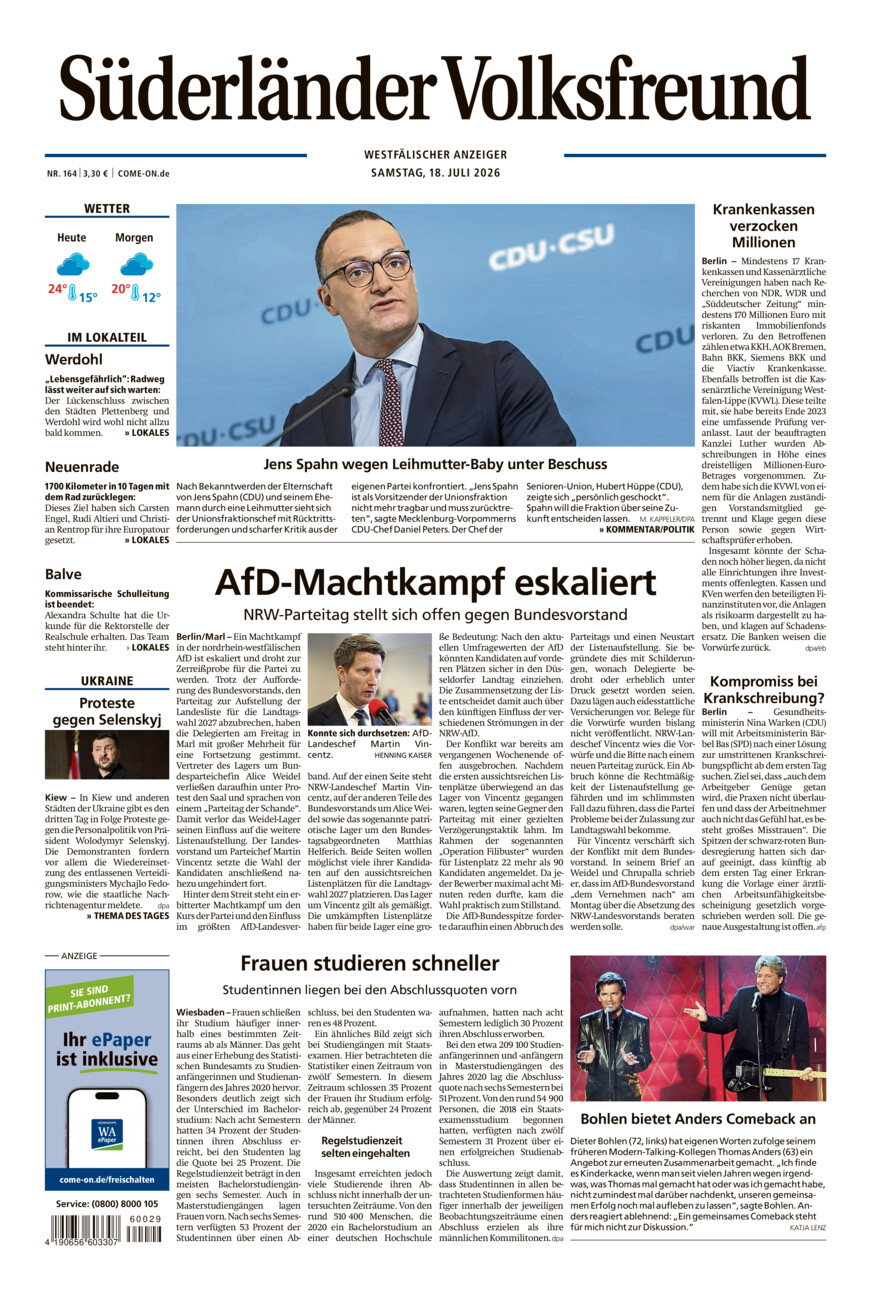 Süderländer Volksfreund vom Samstag, 18.07.2026