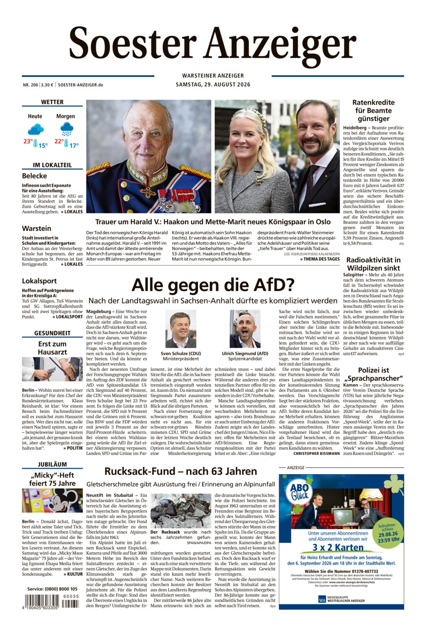 Soester Anzeiger Warstein vom Samstag, 29.08.2026