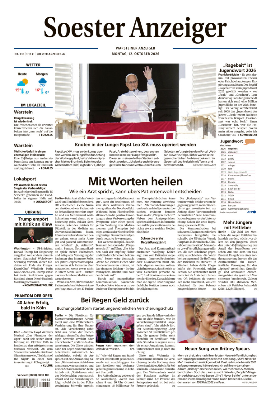 Soester Anzeiger Warstein vom Montag, 12.10.2026