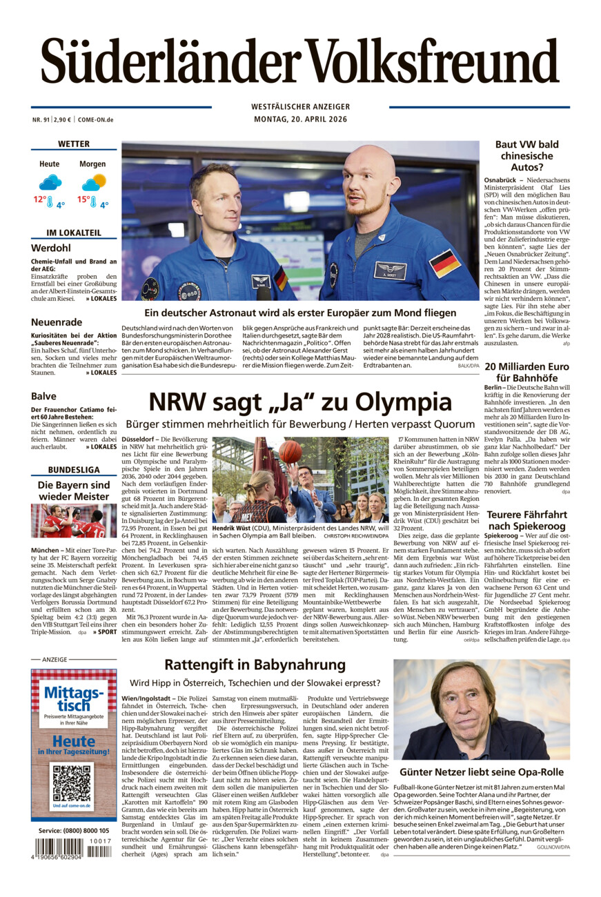 Süderländer Volksfreund vom Montag, 20.04.2026