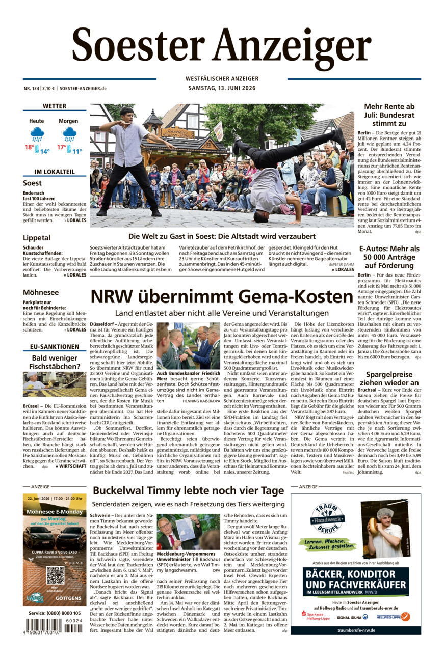 Soester Anzeiger vom Samstag, 13.06.2026